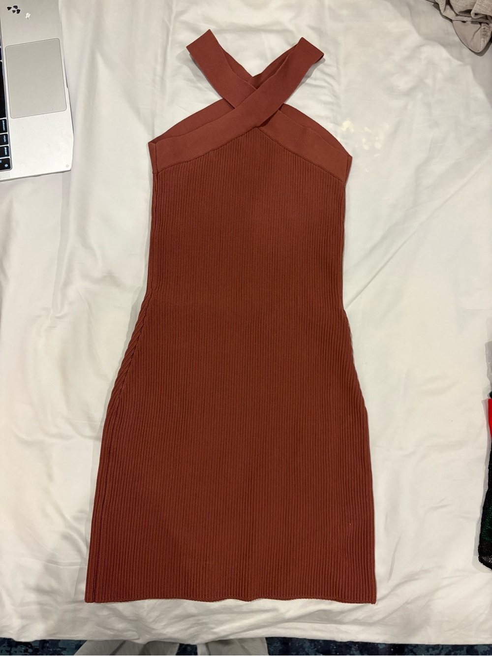 Babaton Rust Ribbed Cross-Neck Mini Dress